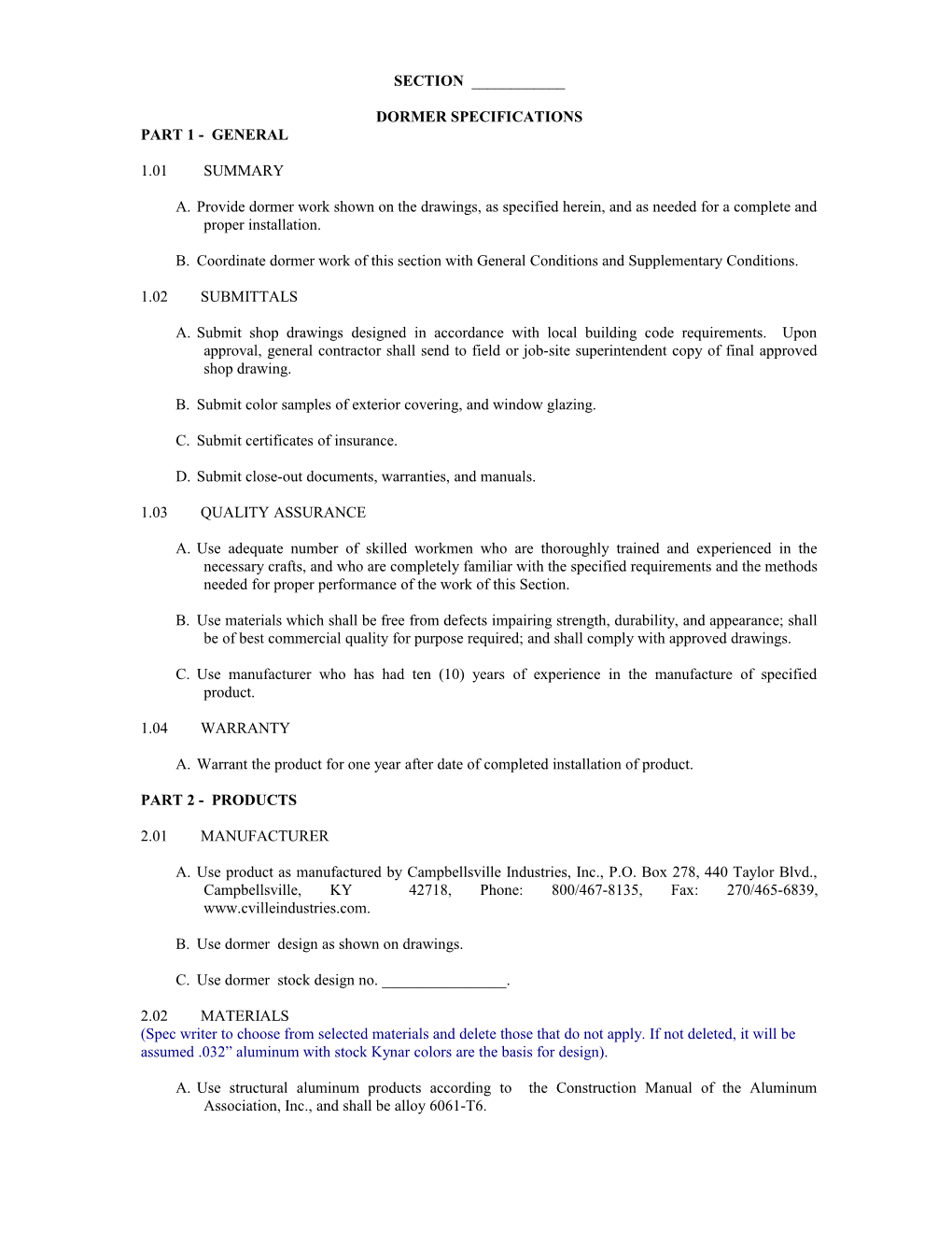 Dormer Specifications