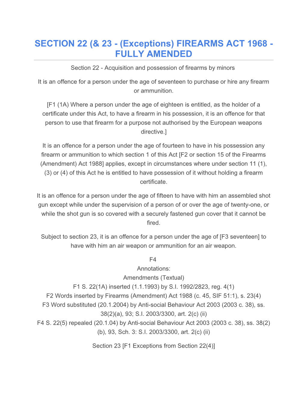 Section 22 - Acquisition and Possession of Firearms by Minors