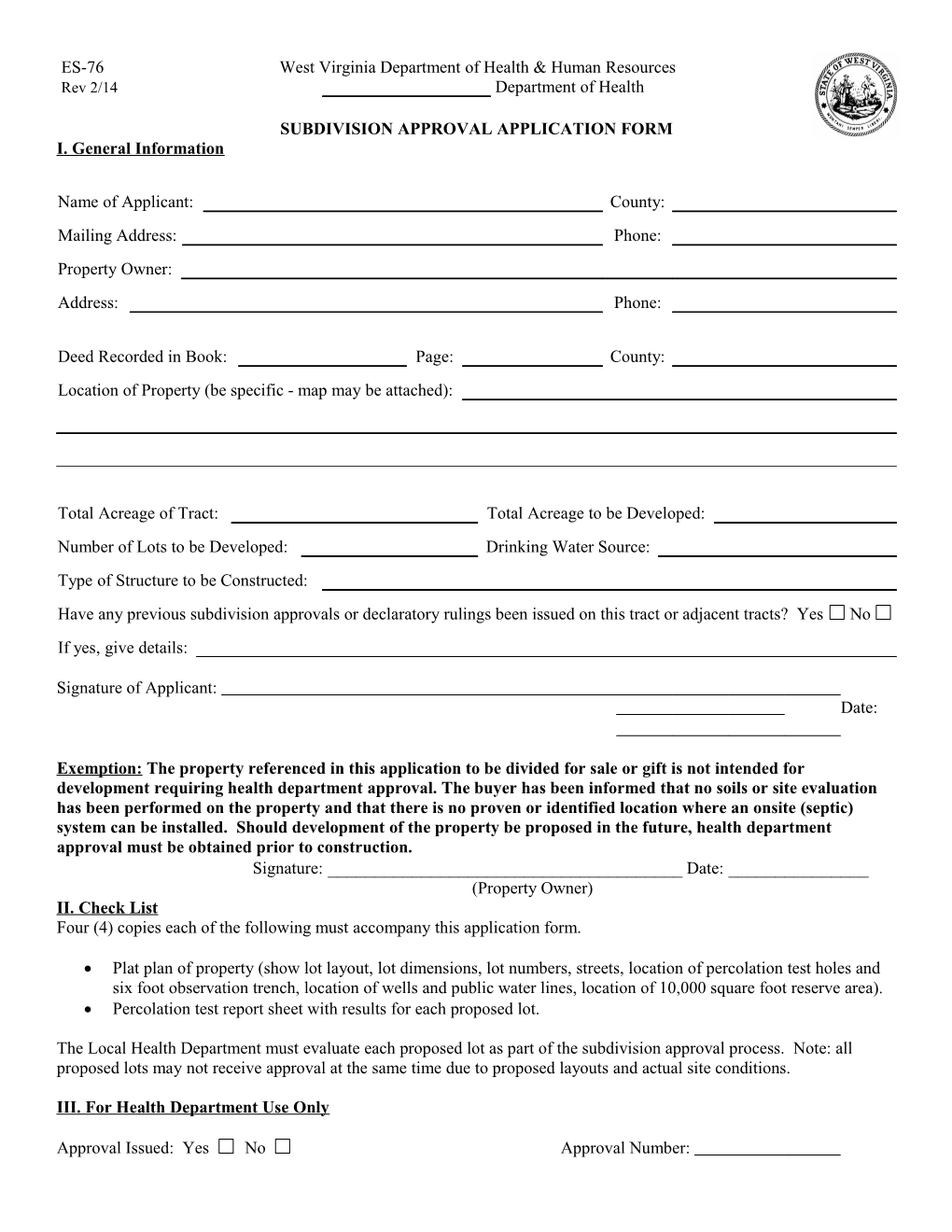ES-76 Subdivision Approval Application Form