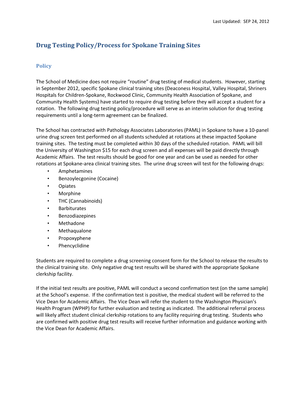 Drug Testing Policy/Process for Spokane Training Sites