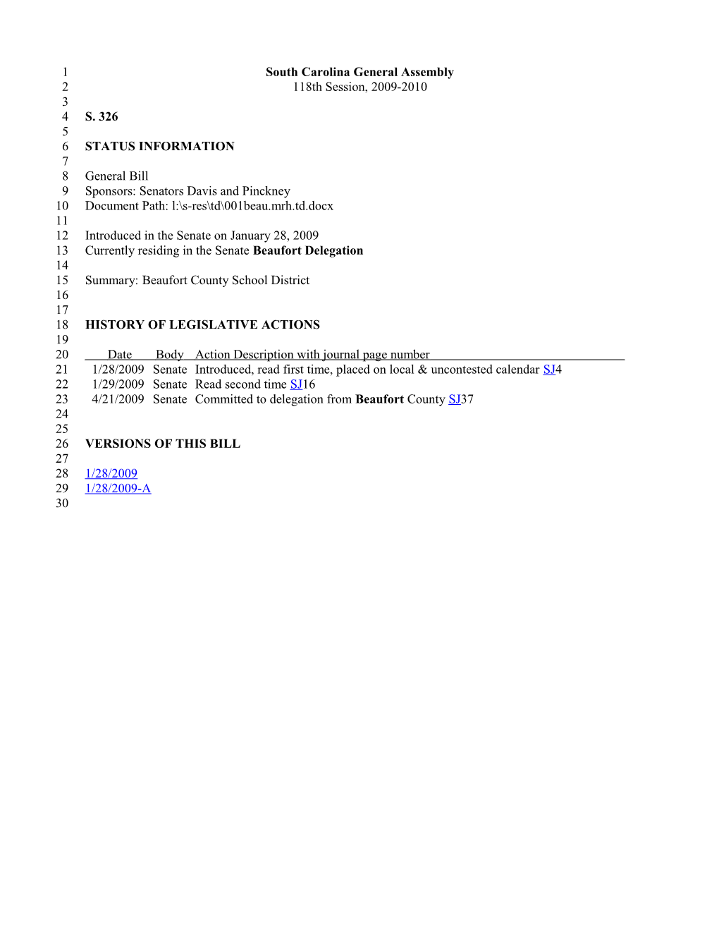 2009-2010 Bill 326: Beaufort County School District - South Carolina Legislature Online