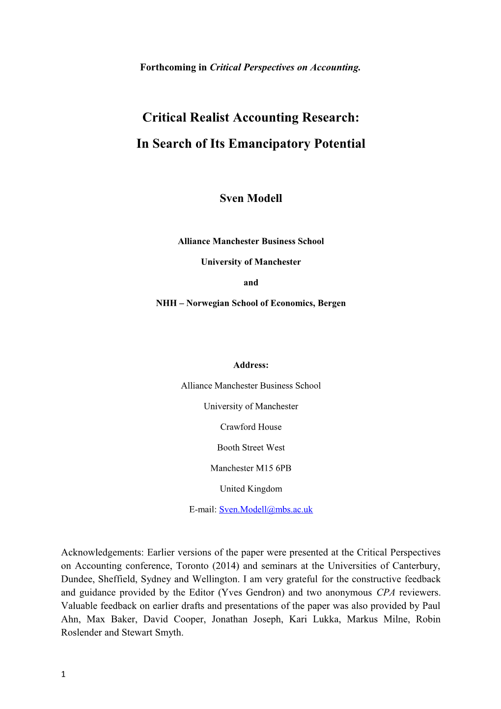 Forthcoming in Critical Perspectives on Accounting