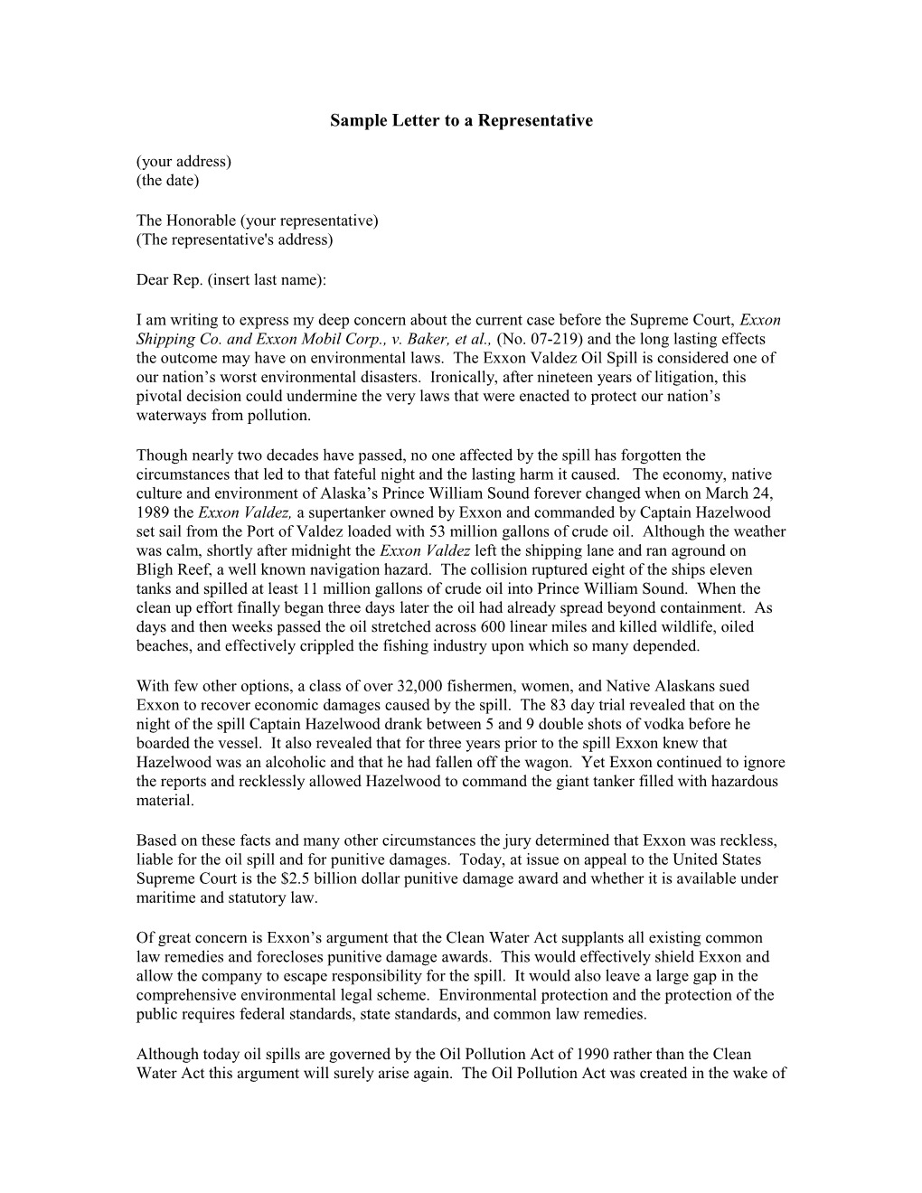 Sample Letter to a Representative