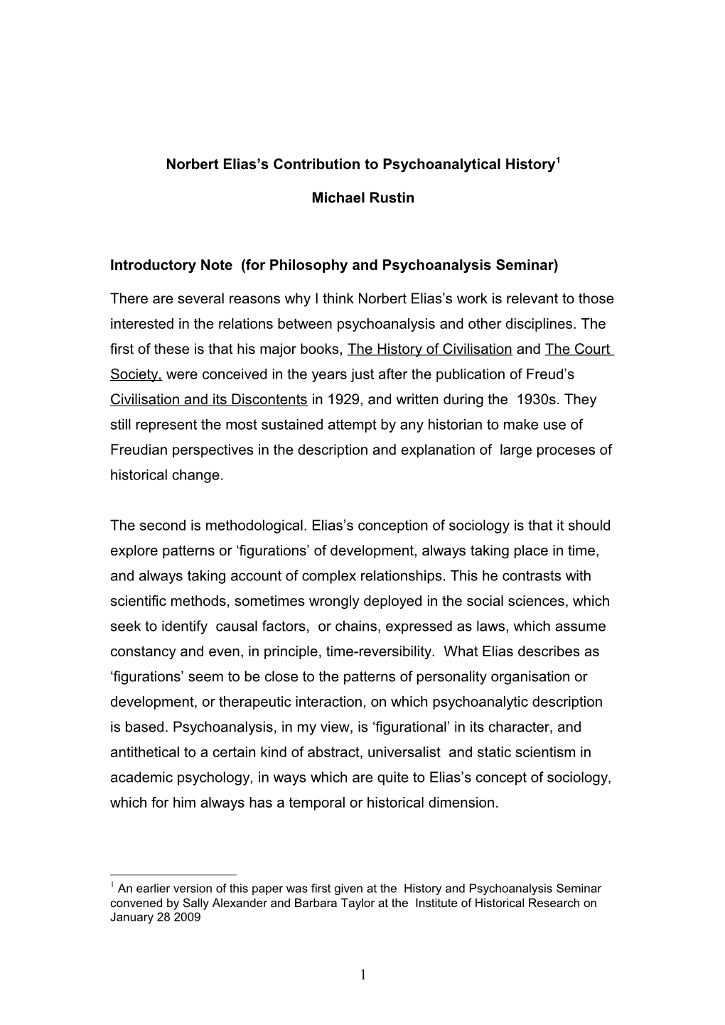 Norbert Elias S Contribution to Psychoanalytical History