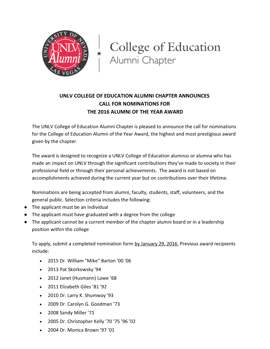 Unlv College of Education Alumni Chapter Announces