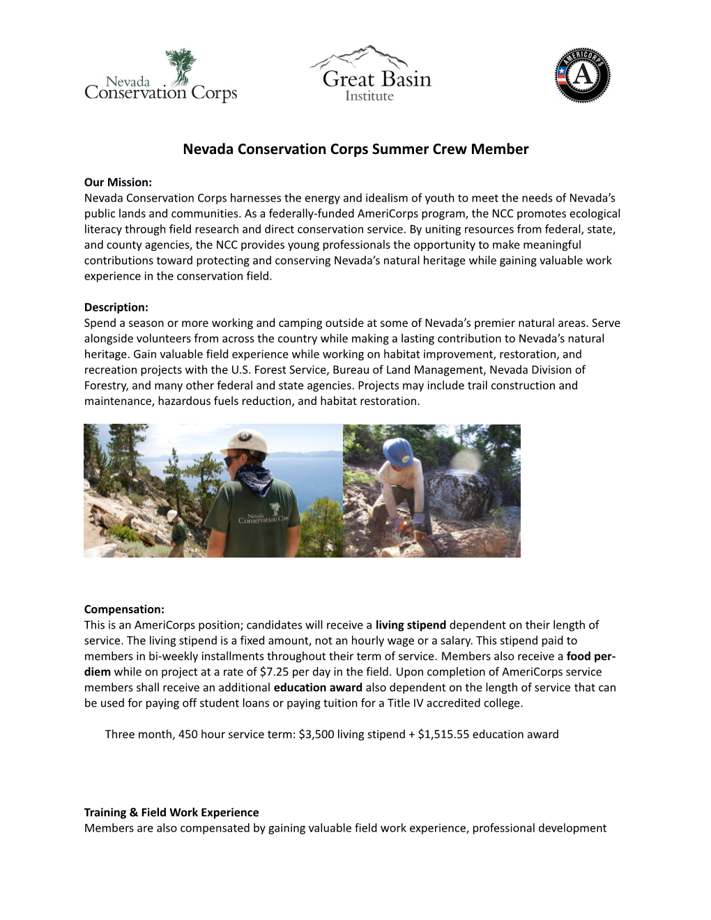Nevada Conservation Corpssummer Crew Member