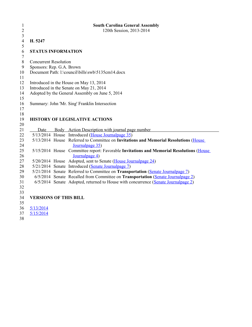 2013-2014 Bill 5247: John 'Mr. Sing' Franklin Intersection - South Carolina Legislature Online