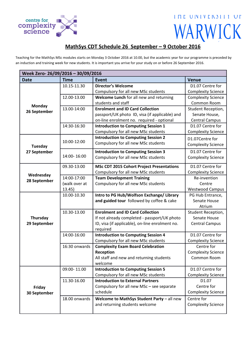 Mathsys CDT Schedule 26 September 9 October 2016