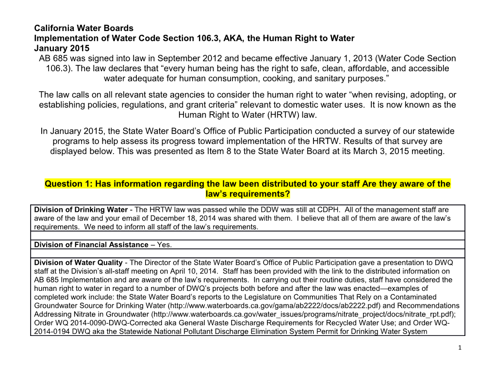 Implementation of Water Code Section 106.3, AKA, the Human Right to Water