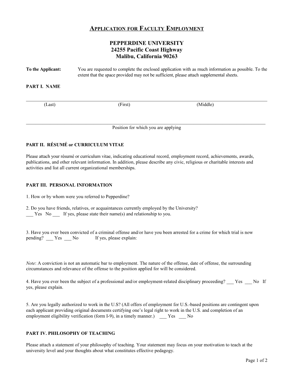 Application for Faculty Employment