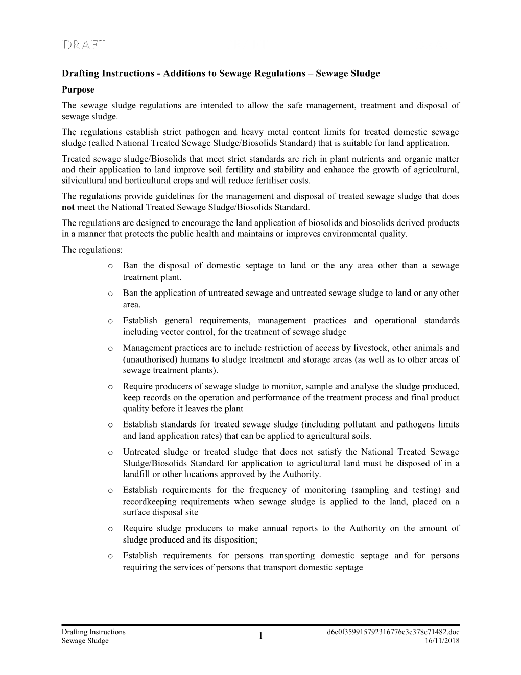 Drafting Instructions - Additions to Sewage Regulations Sewage Sludge