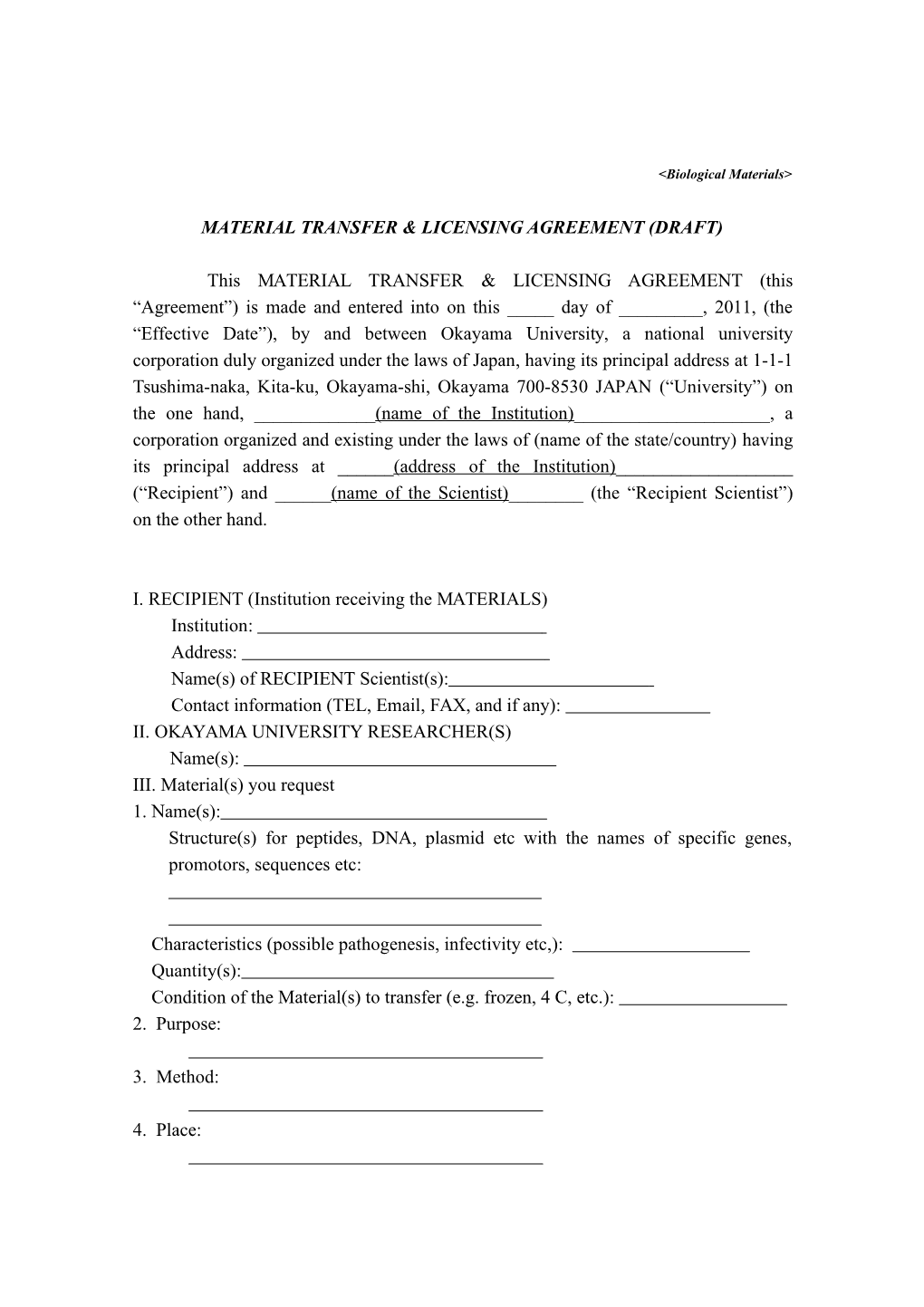 Material Transfer & Licensing Agreement (Draft)