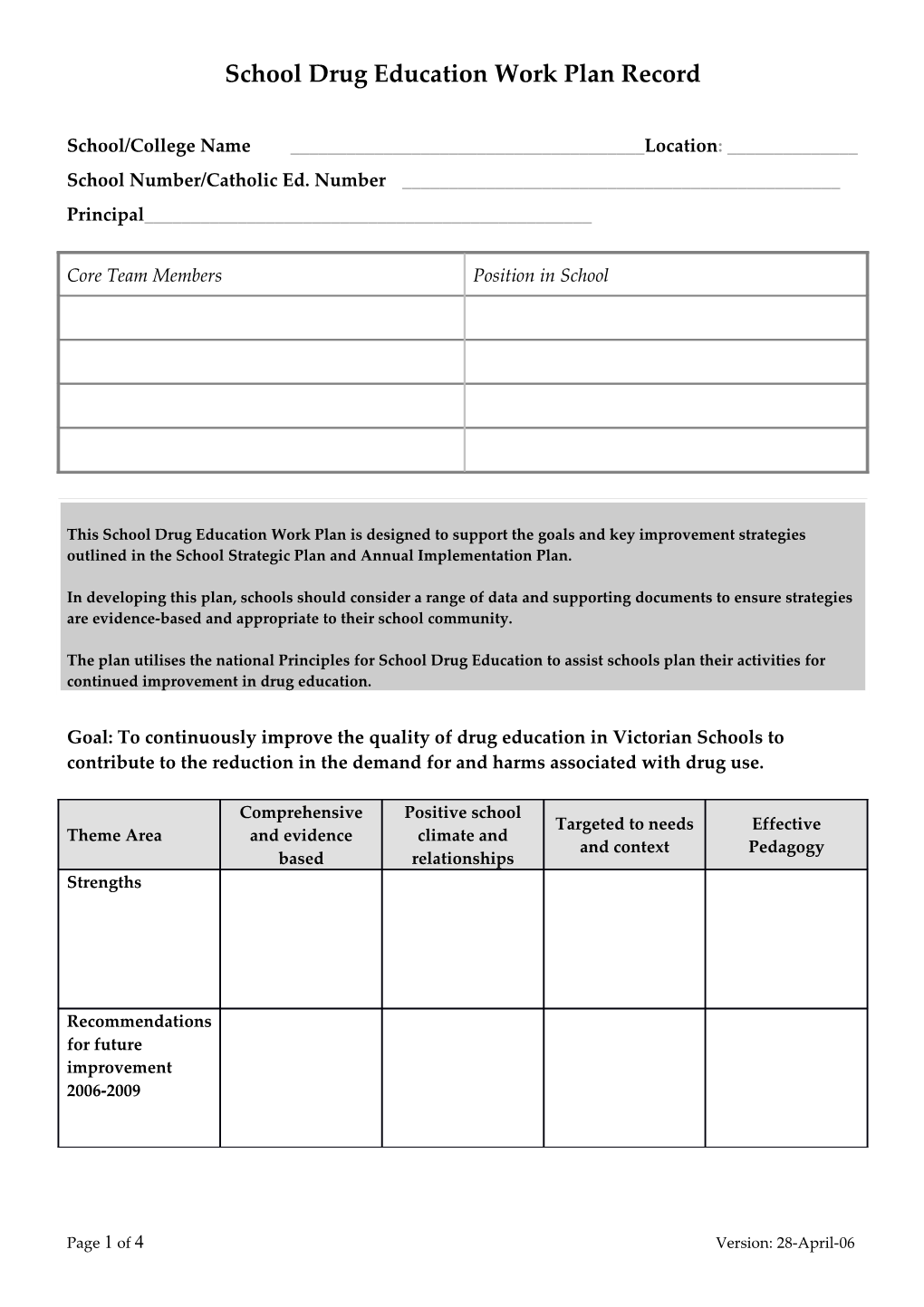 School Drug Education Work Plan Record