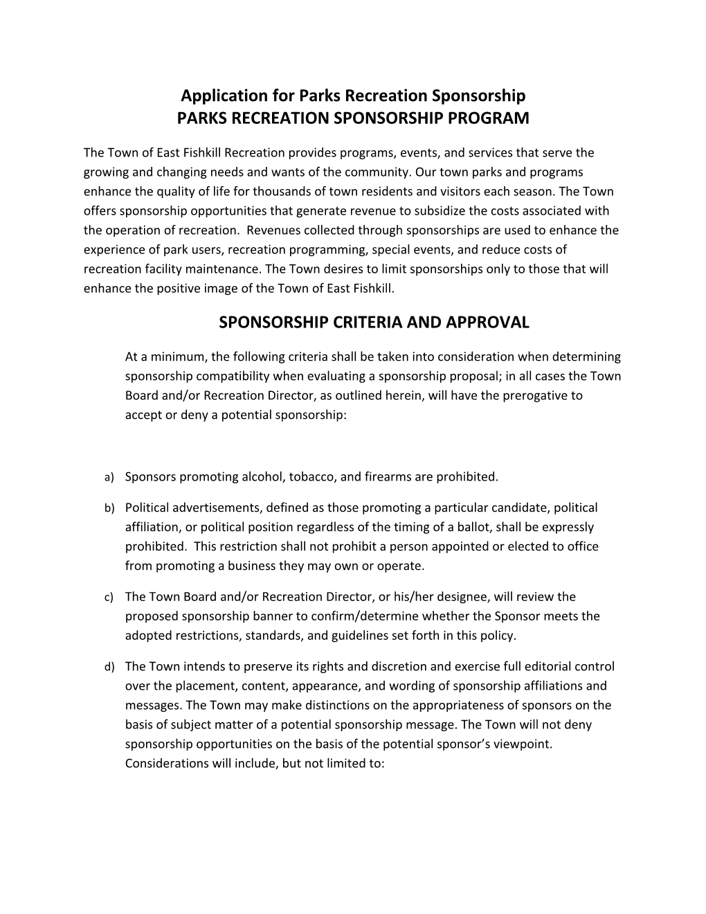 Application for Parks Recreation Sponsorship