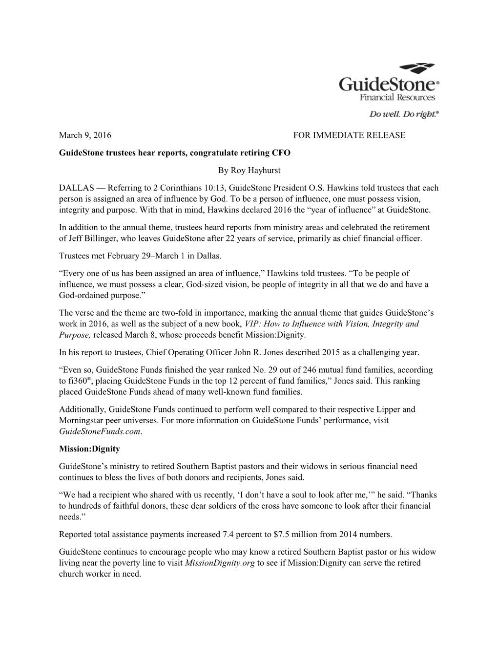 Guidestone Trustees Hear Reports, Congratulate Retiring CFO