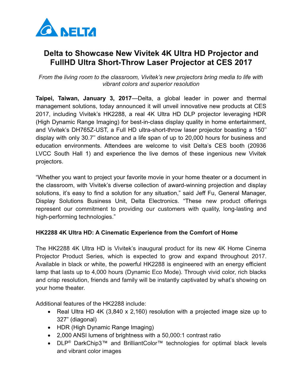 Delta to Showcase New Vivitek 4K Ultra HD Projector and Fullhd Ultra Short-Throw Laser