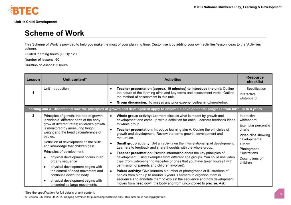 Unit 1: Child Development - Scheme of Work (Version 1 Sept 14)