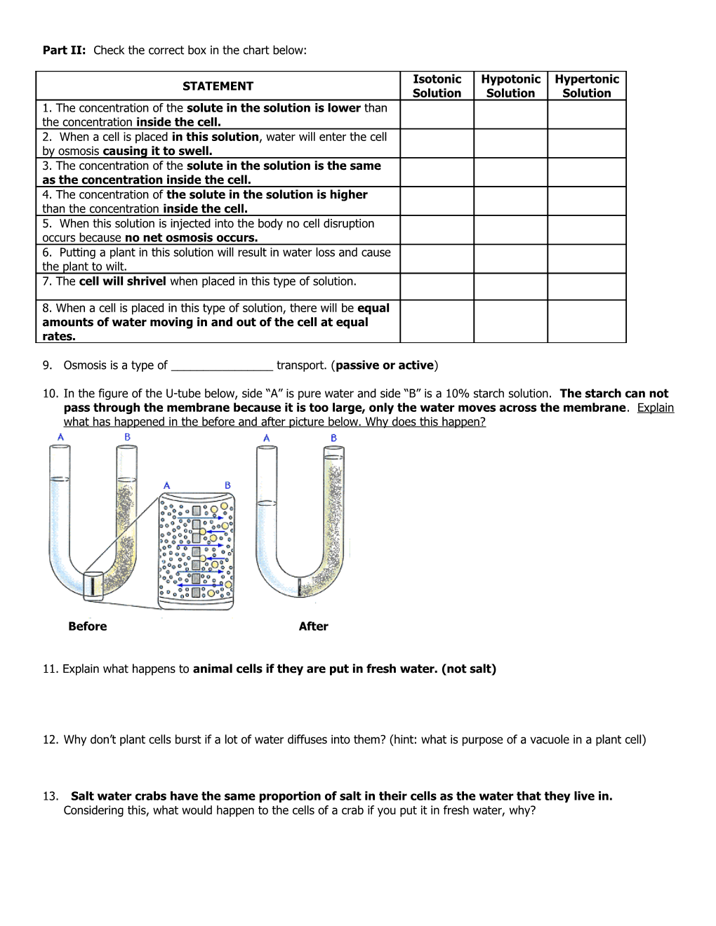 Part II: Check the Correct Box in the Chart Below