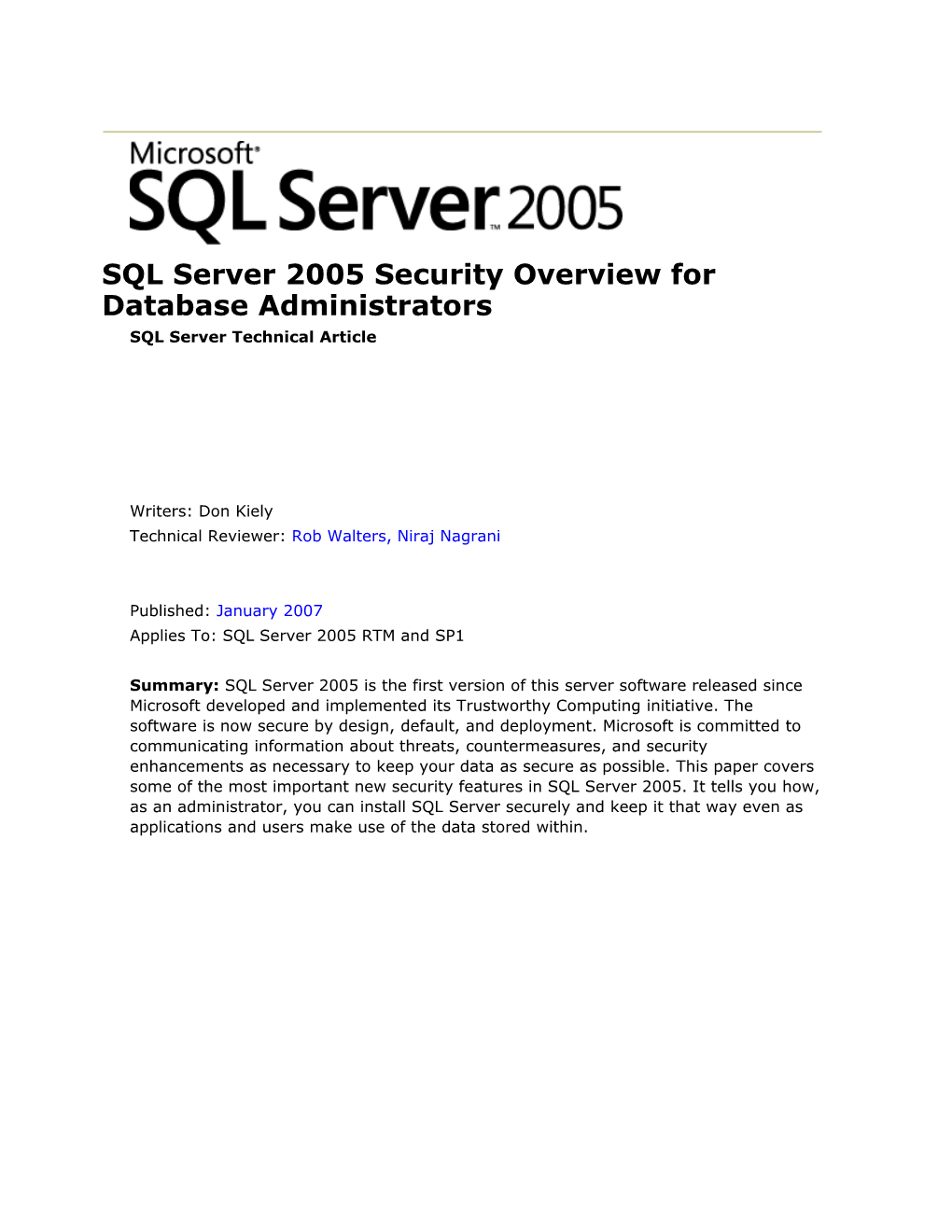 SQL Server 2005 Securityoverview for Database Administrators