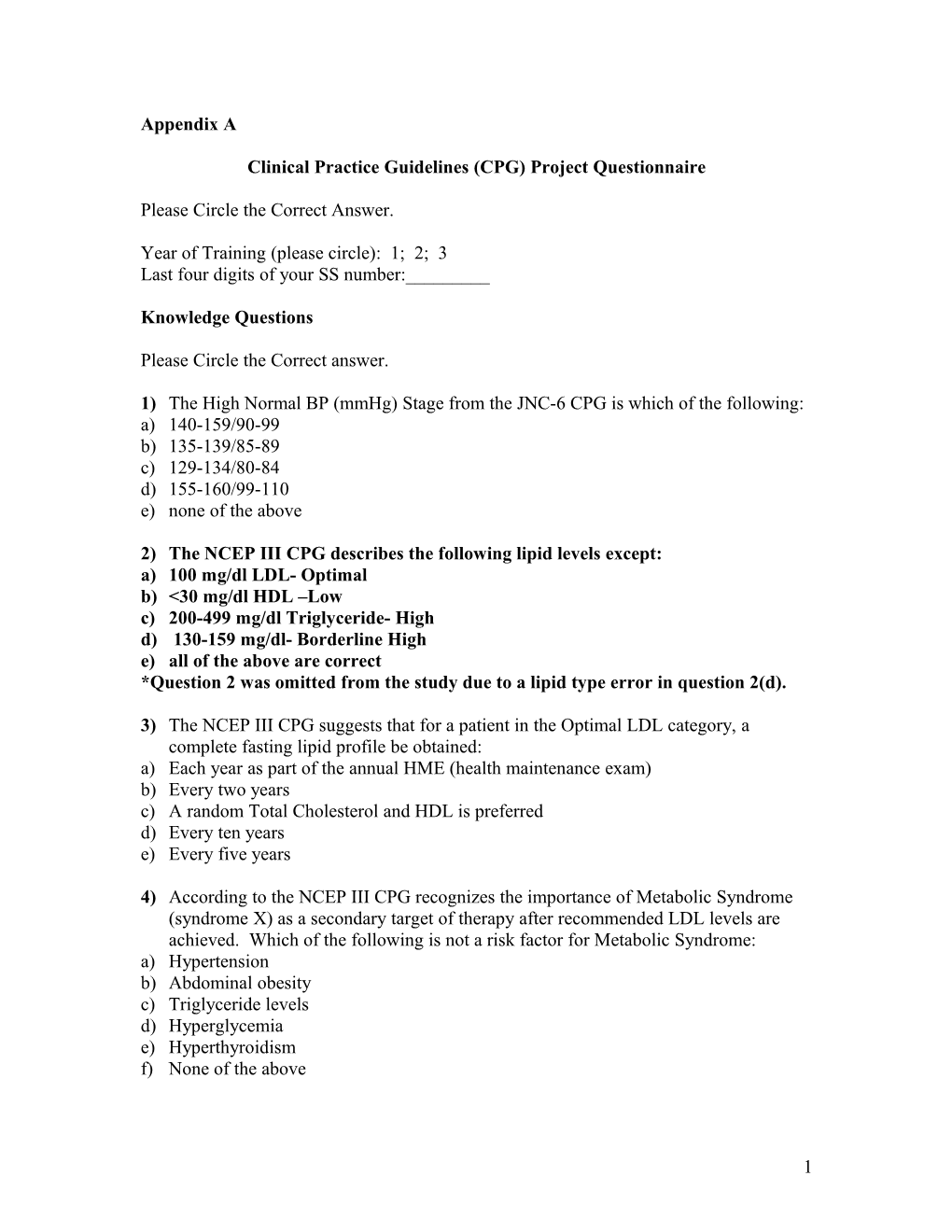 Clinical Practice Guidelines (CPG) Project Questionnaire