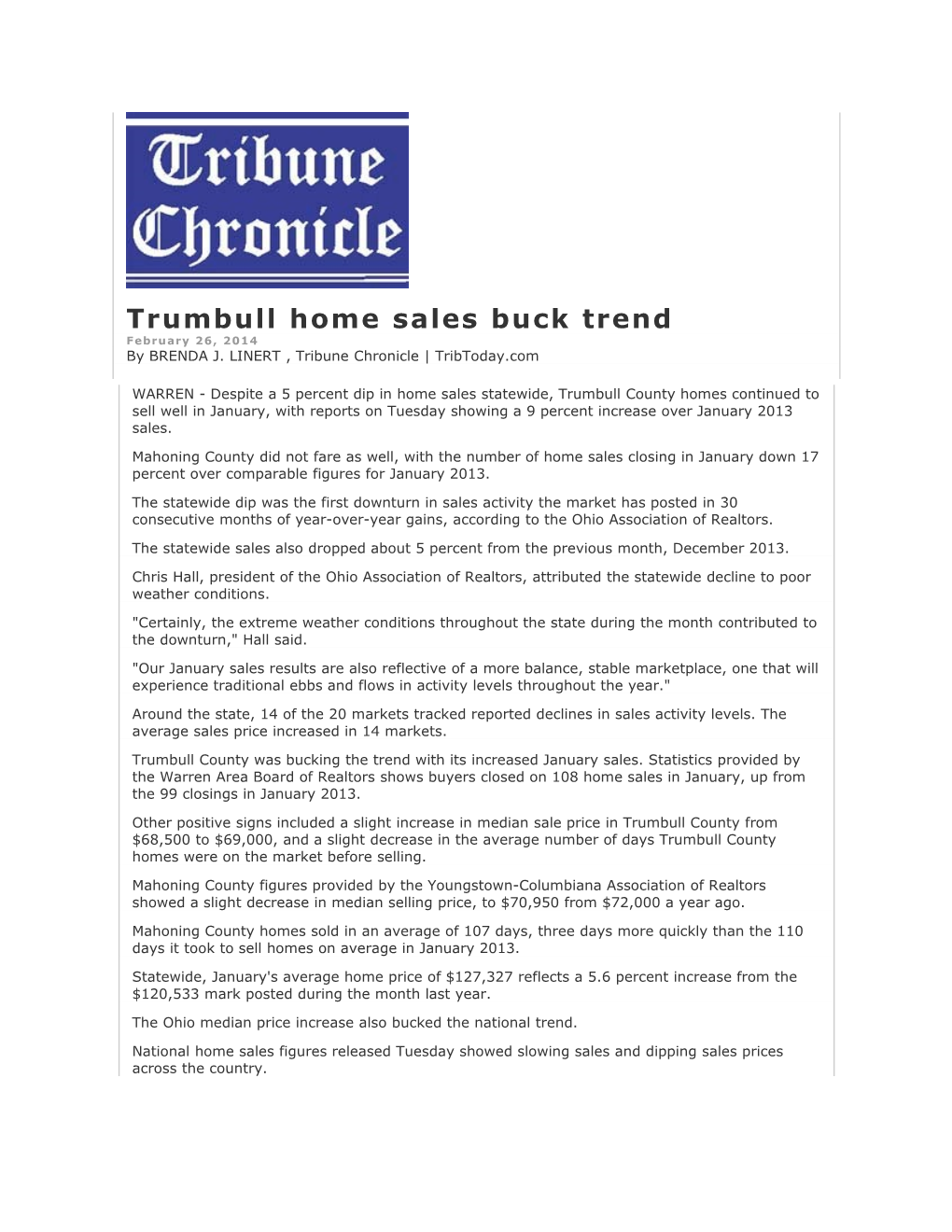 Trumbull Home Sales Buck Trend