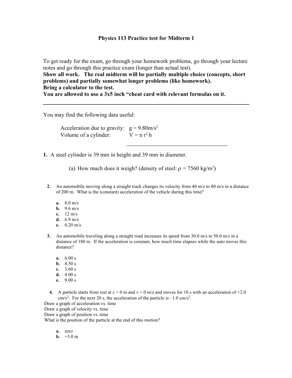 Physics 113 Practice Test for Midterm 1