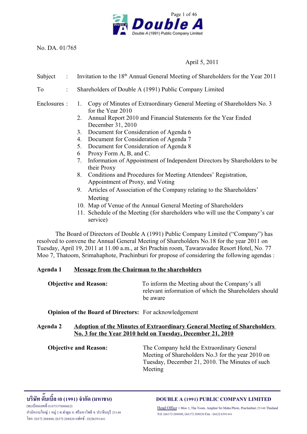 Subject:Invitation to the 18Thannual General Meeting of Shareholders for the Year 2011