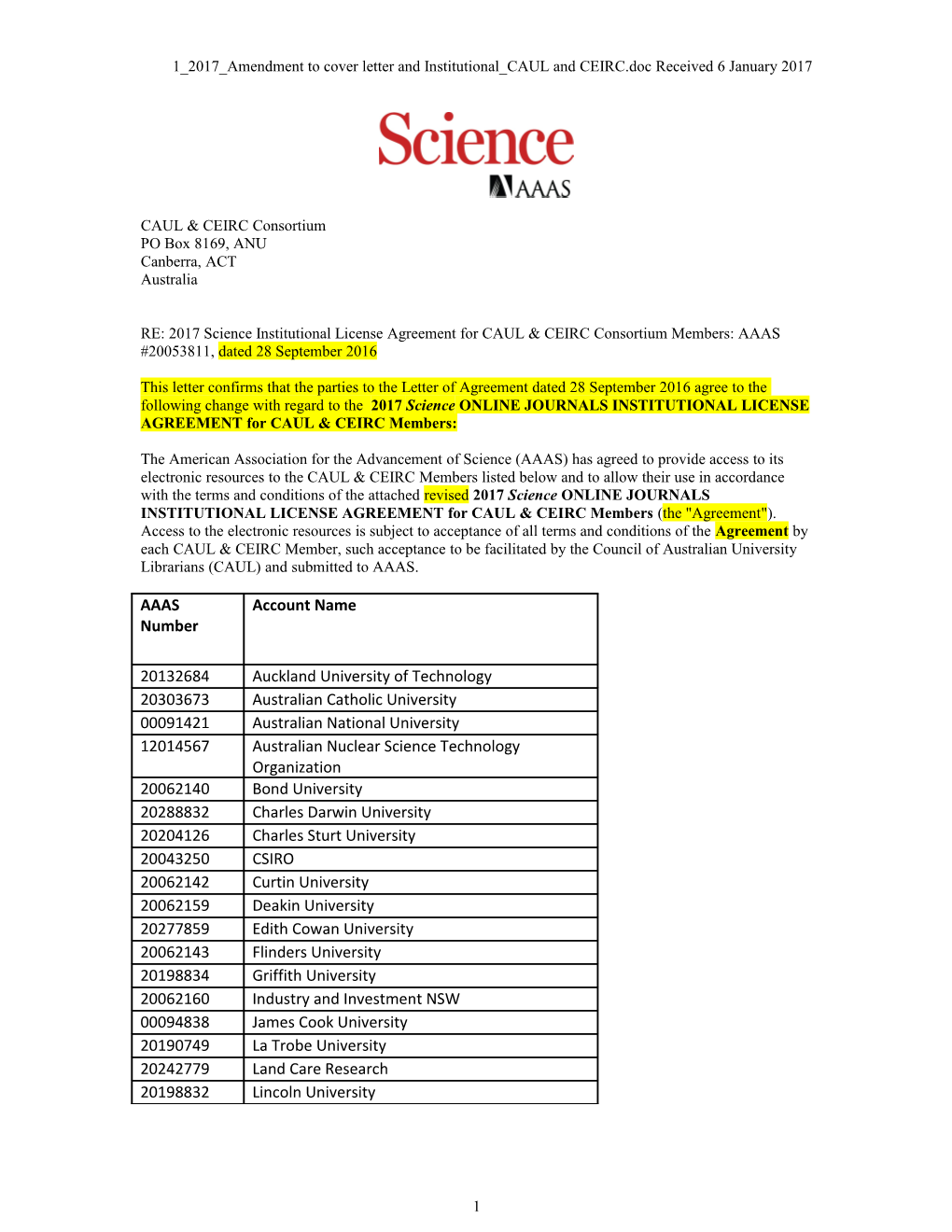 1 2017 Amendment to Cover Letter and Institutional CAUL and CEIRC Received 6 January 2017