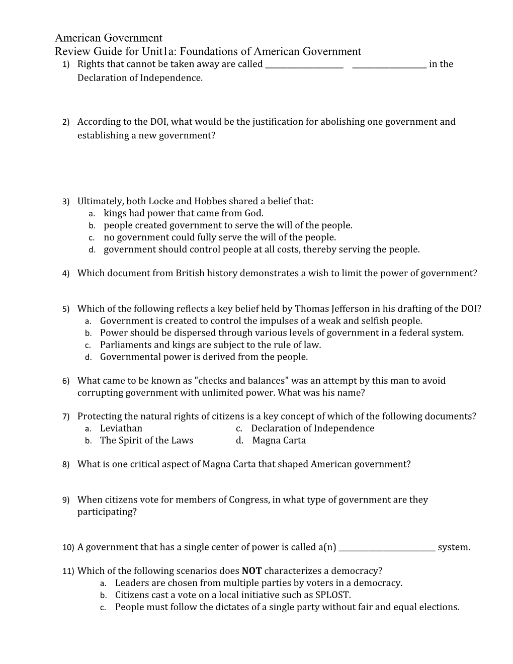 Review Guide for Unit1a: Foundations of American Government