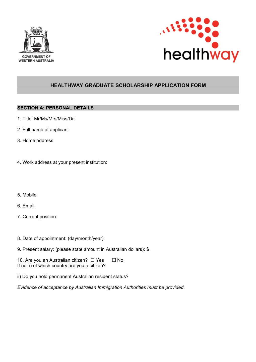 Healthway Graduate Scholarship Application Form