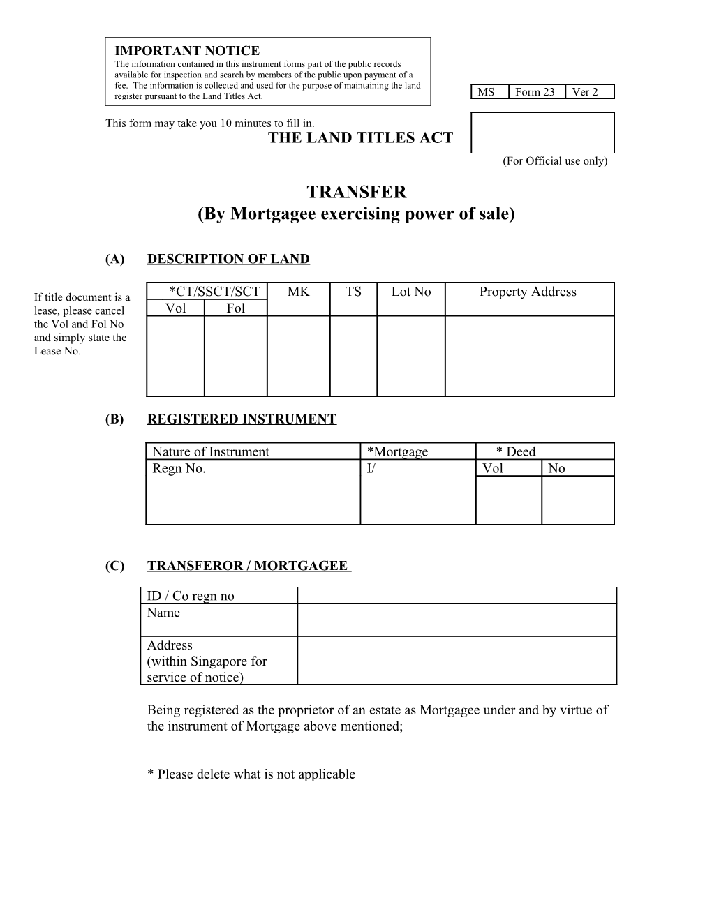 Transfer (By Mortgagee Exercising Power of Sale)