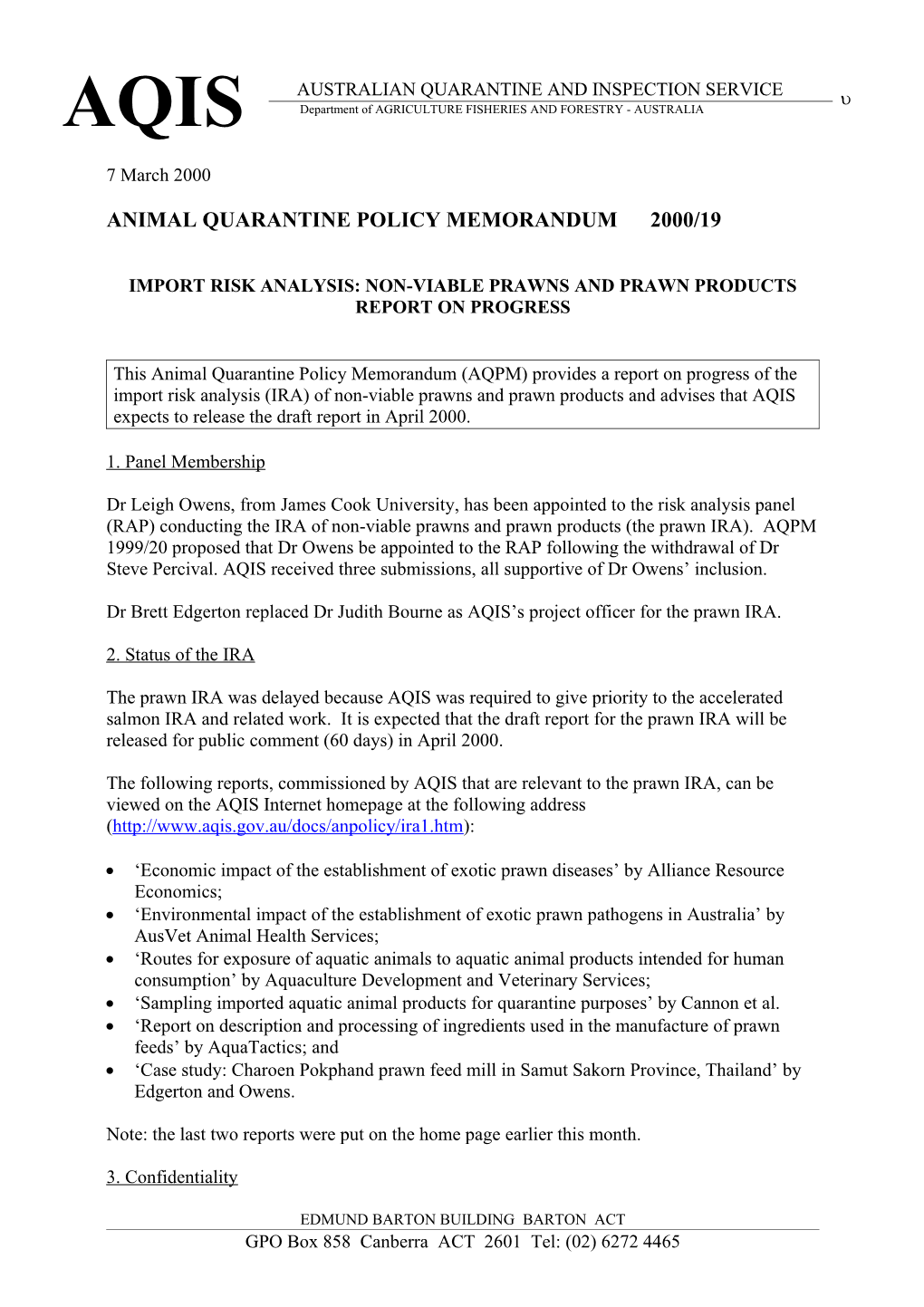 Animal Quarantine Policy Memorandum 2000/19