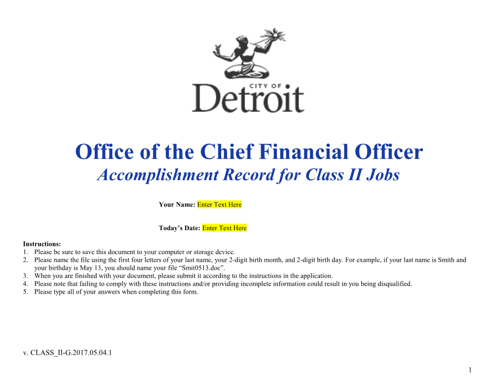 Office of the Chief Financial Officer Accomplishment Record for Class II Jobs