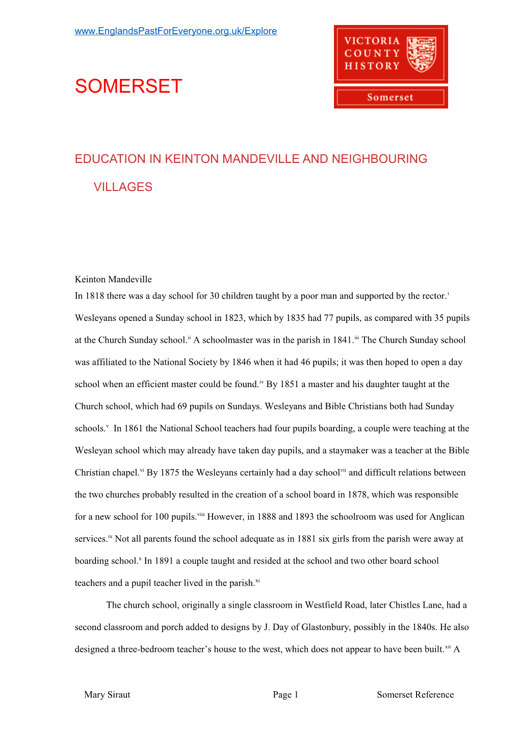 Education in Keinton Mandeville and Neighbouring Villages