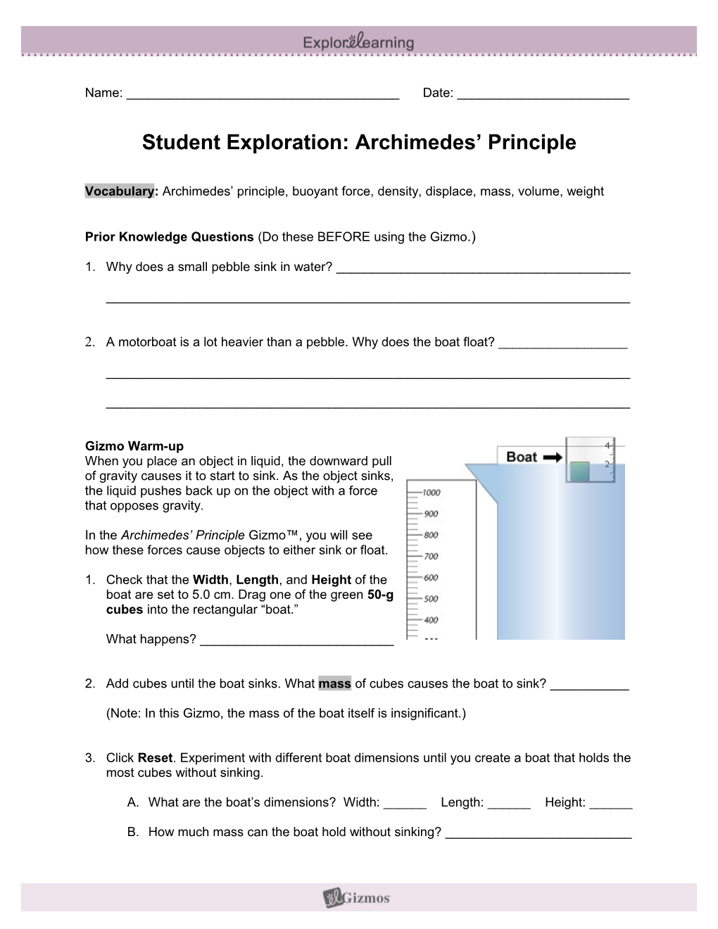 Student Exploration: Archimedes Principle