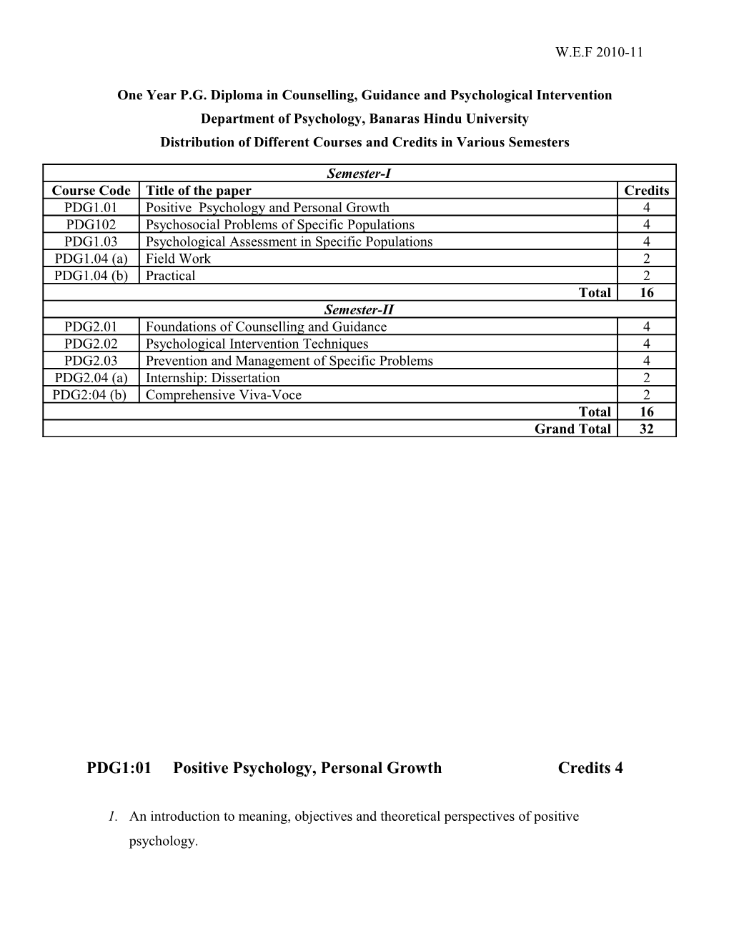 One Year P.G. Diploma in Counselling, Guidance and Psychological Intervention