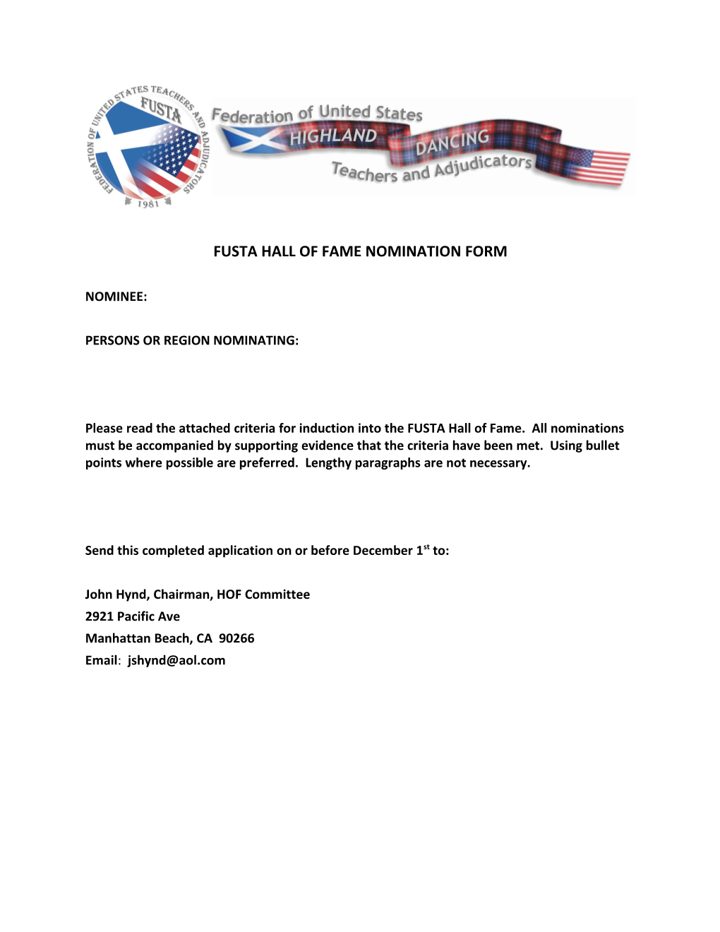 Fusta Hall of Fame Nomination Form