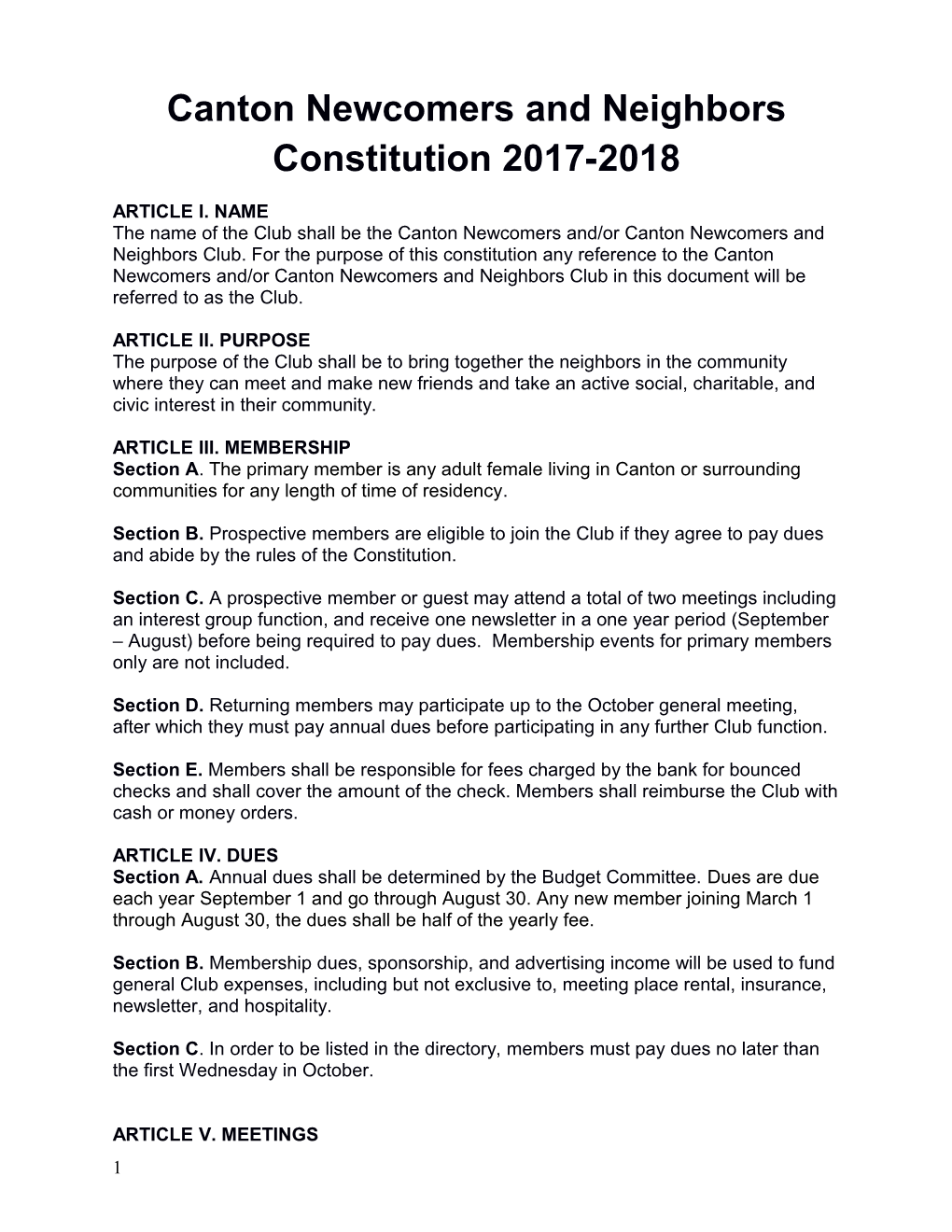Canton Newcomers and Neighbors Constitution 2017-2018