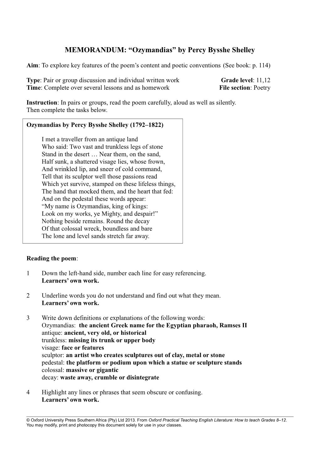 MEMORANDUM: Ozymandias by Percy Bysshe Shelley