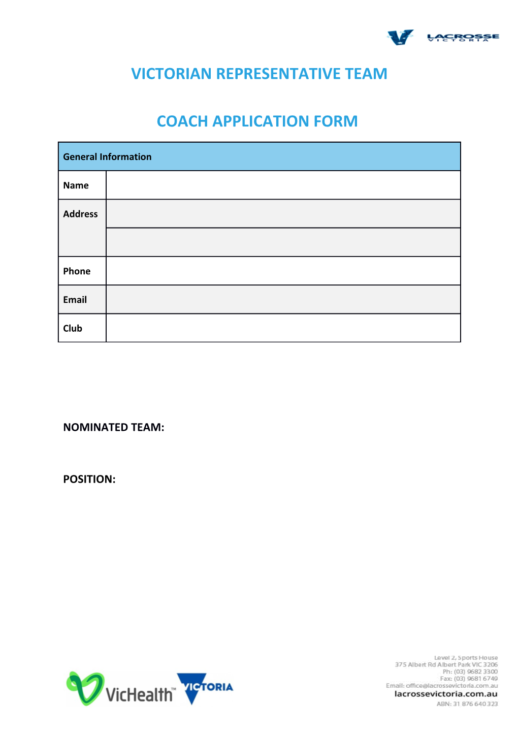 2017 Victorian Senior Team - Assistant Coach Application Form
