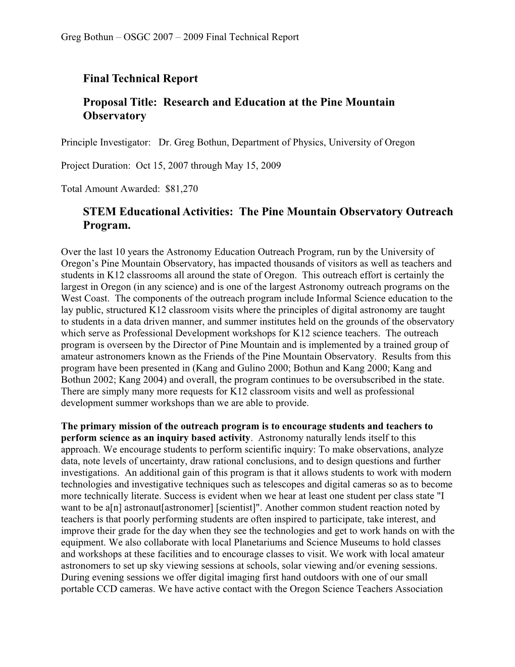 Proposal Title: Research and Education at the Pinemountain Observatory