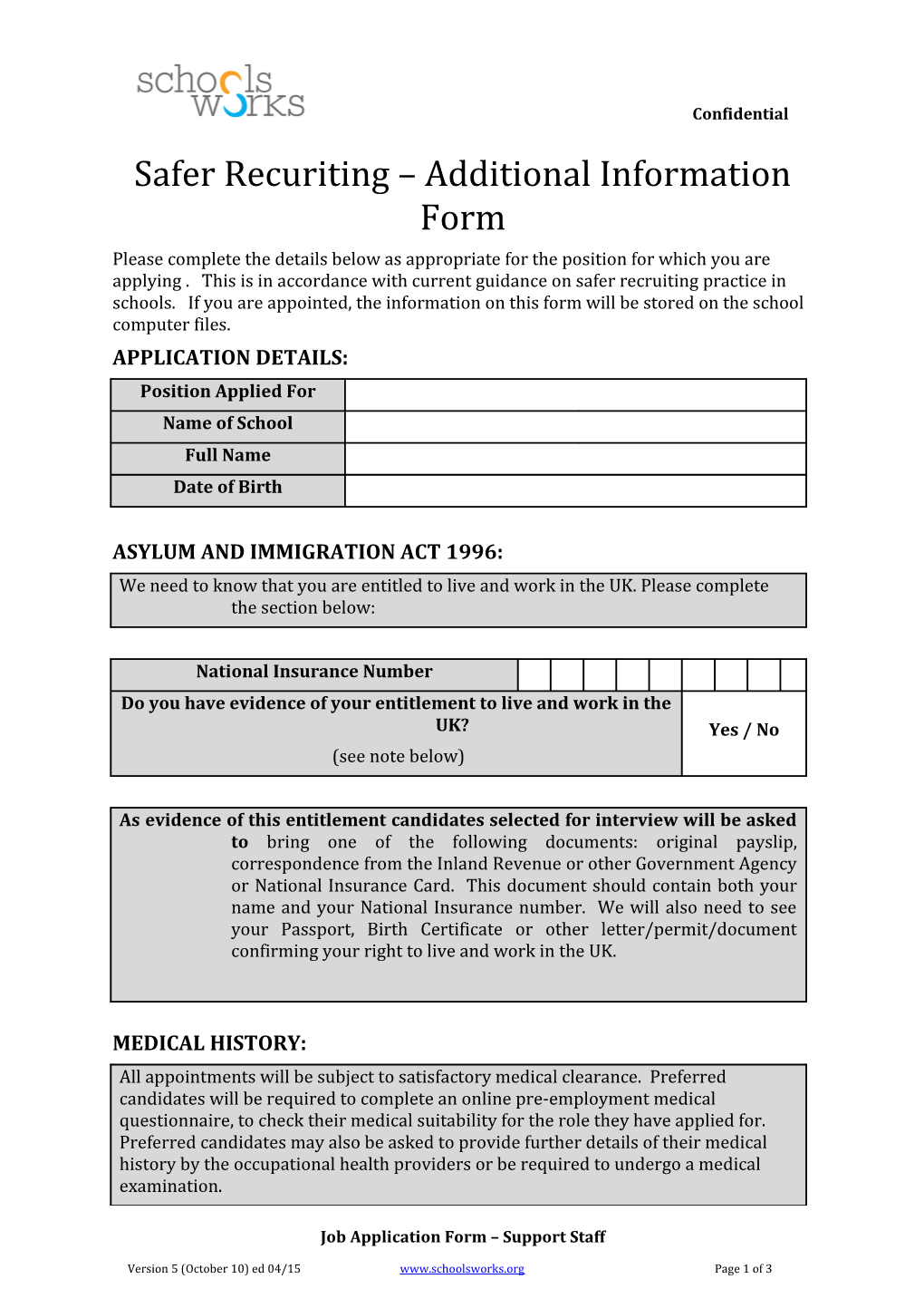 Safer Recuriting Additional Information Form