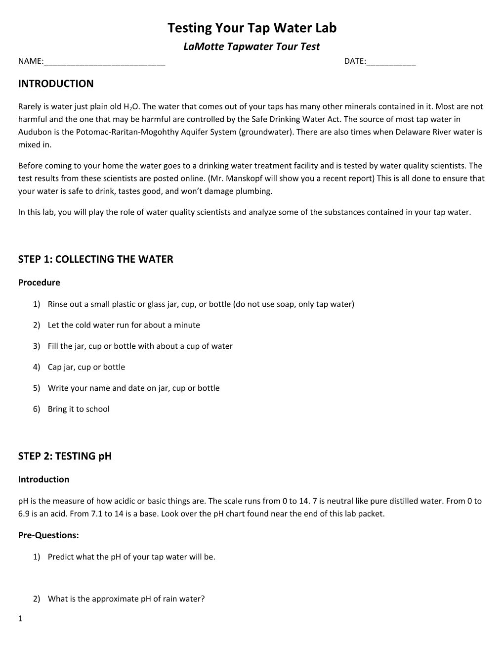 Testing Your Tap Water Lab