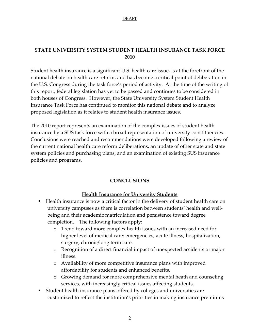 Stateuniversity System Student Health Insurance Task Force