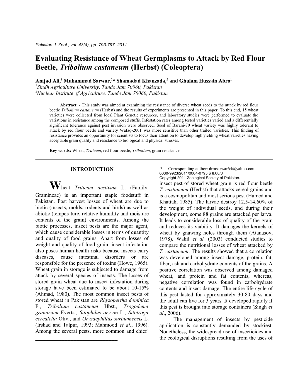 Evaluating Resistance of Wheat Germplasms to Attack by Red Flour Beetle, Tribolium Castaneum