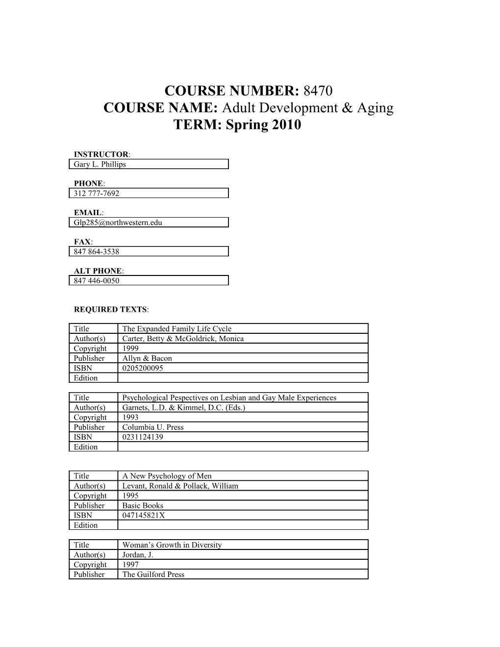 COURSE NAME: Adult Development & Aging