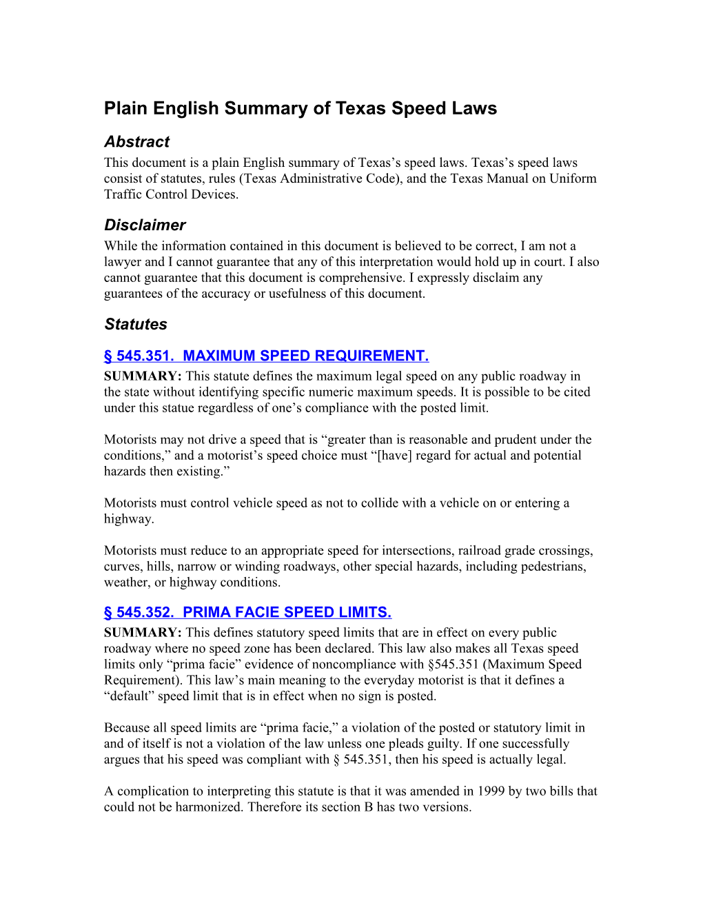 Plain English Summary of Texas Speed Laws