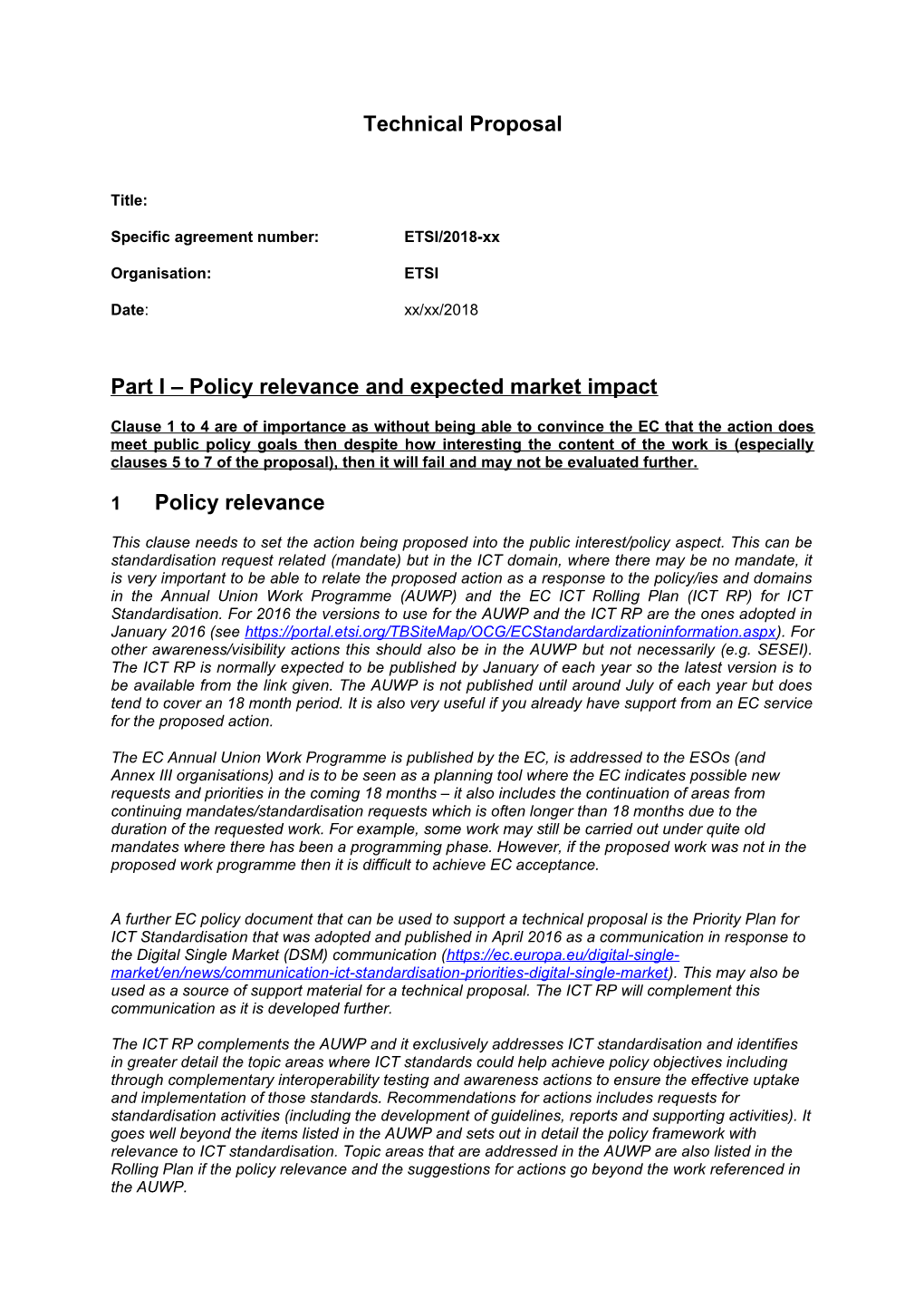 Specific Agreement Number:ETSI/2018-Xx