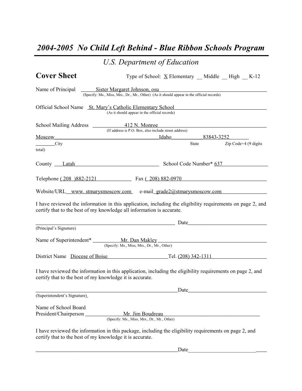 Application: 2004-2005, No Child Left Behind - Blue Ribbon Schools Program (Msword)