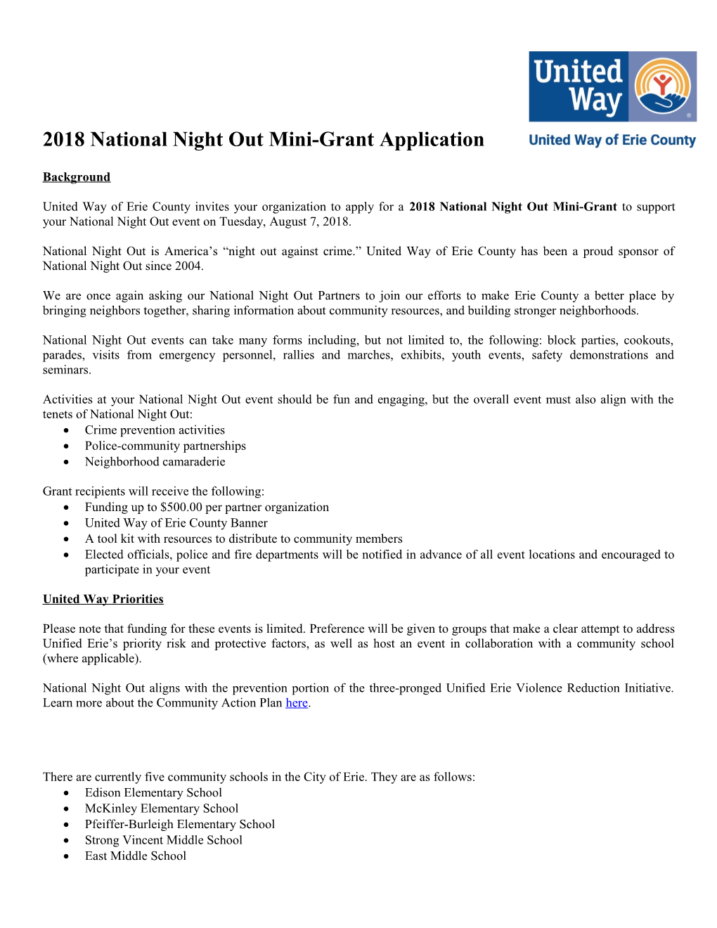 2018 National Night out Mini-Grant Application